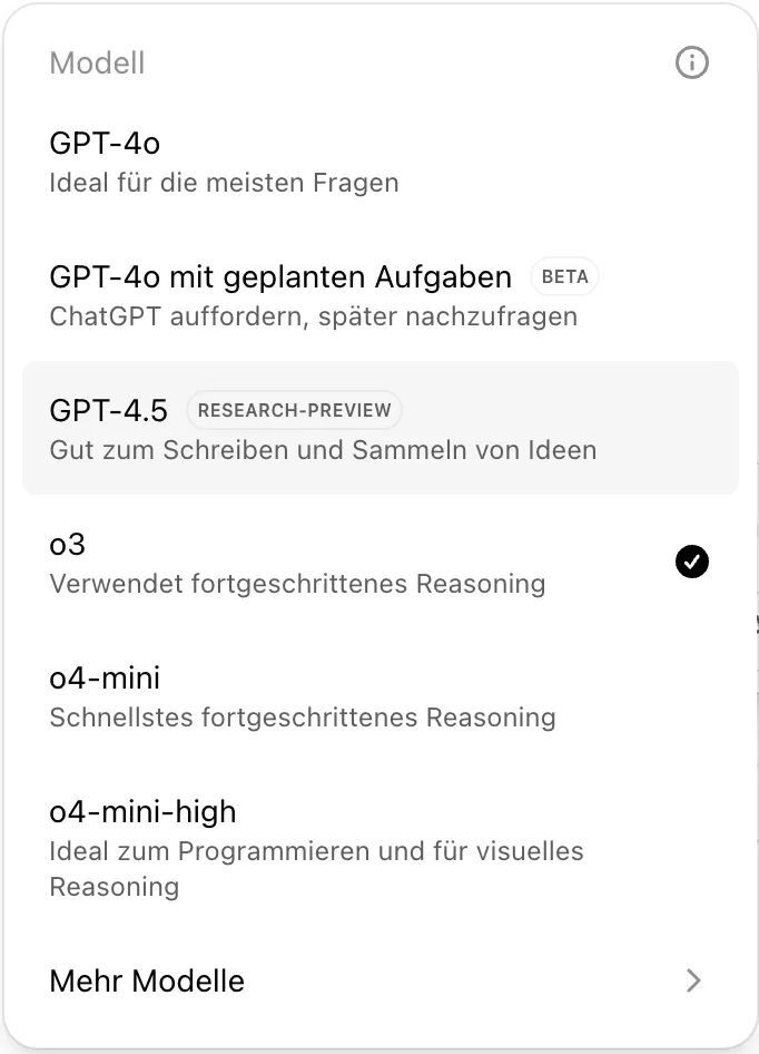 Auswahl der verschiedenen ChatGPT-Modelle