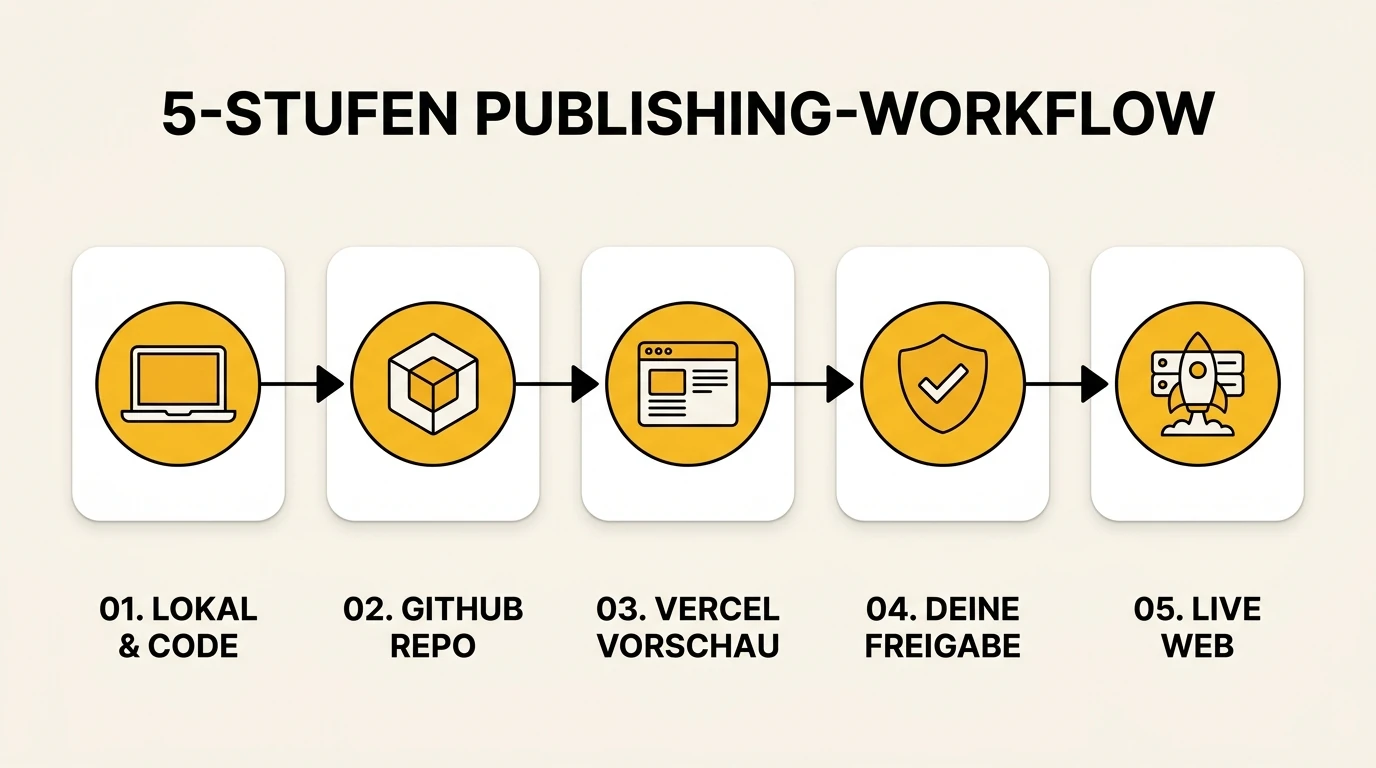 Der 5-Stufen KI-Publishing-Workflow: Von der lokalen Entwicklung über GitHub und Vercel Staging bis zum Live-Deployment
